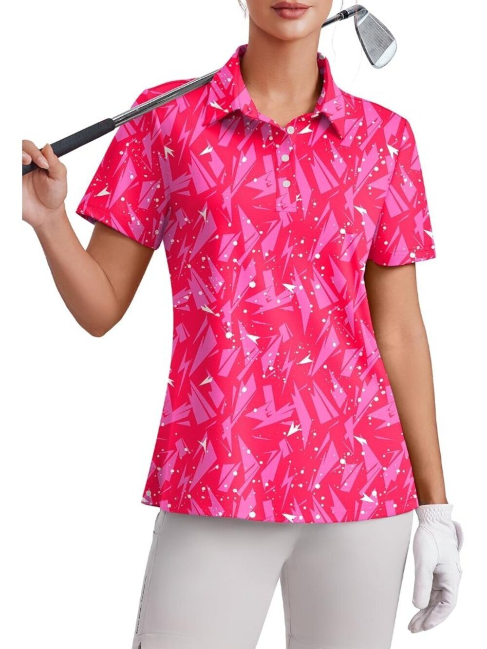 Womens Geometry Pink  4 Button Golf Polo UPF50+ Quick Dry Tennis Collared Relax